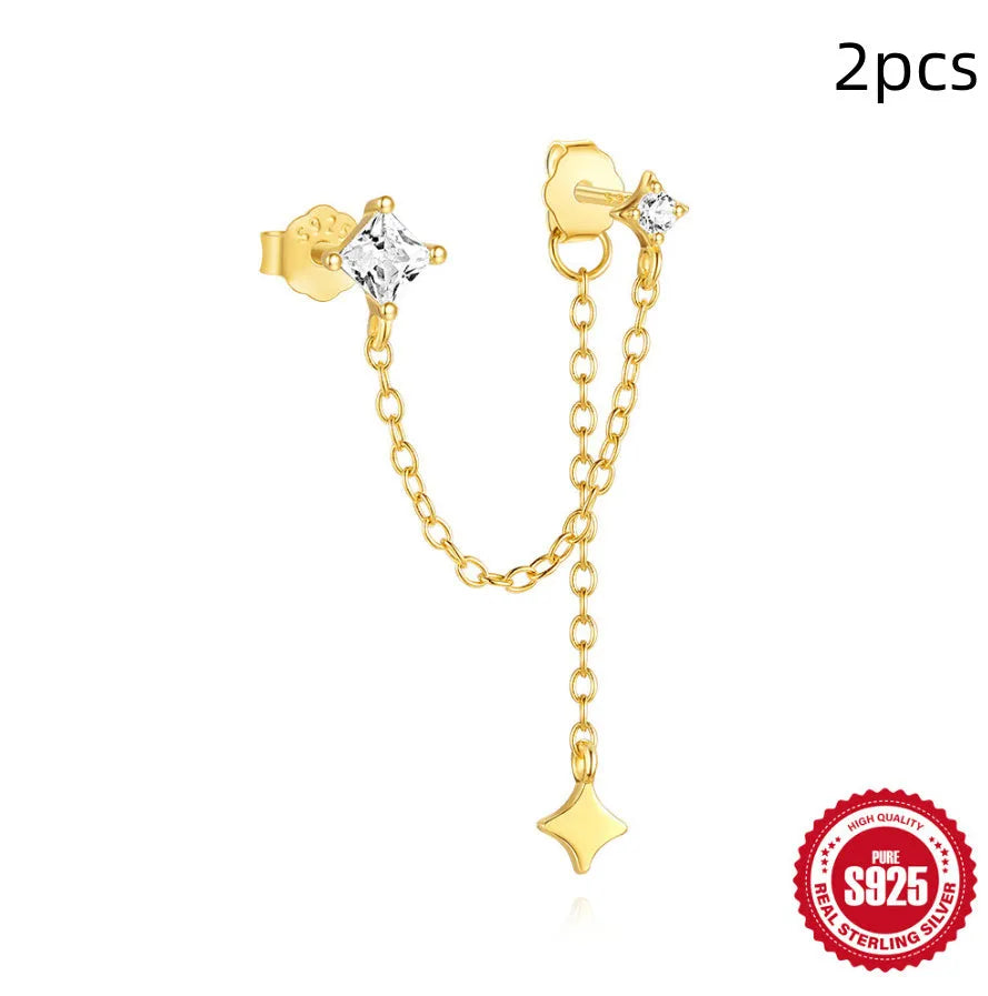 S925 sterling silver zircon geometric stud earrings with gold-plated finishes in clover, crown and chain designs