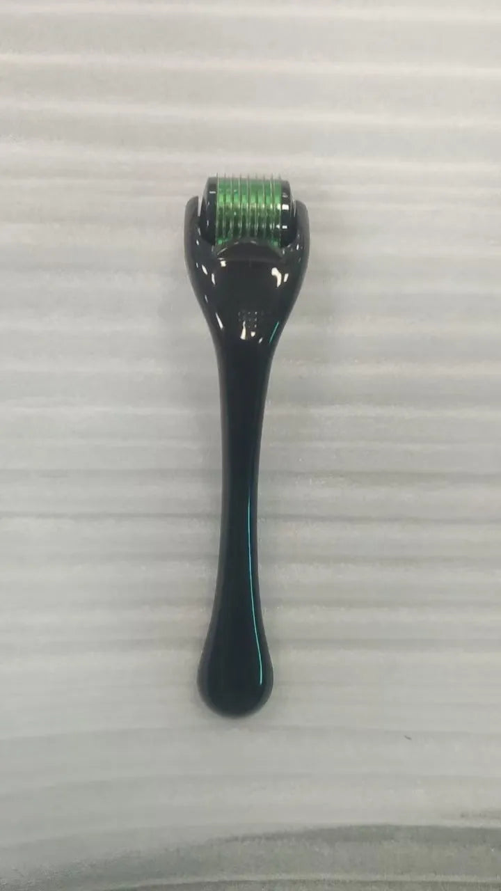 540 micro needle roller derma pen with coloured handle and wheel, shown with 0.2mm, 0.25mm, 0.3mm size options.