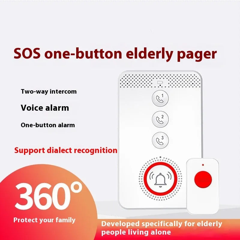 White circular emergency alert buzzer unit with three small emergency button transmitters for elderly safety