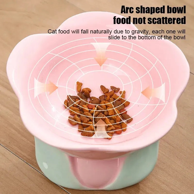 Blue floral patterned elevated ceramic bowl for cat or small dog feeding