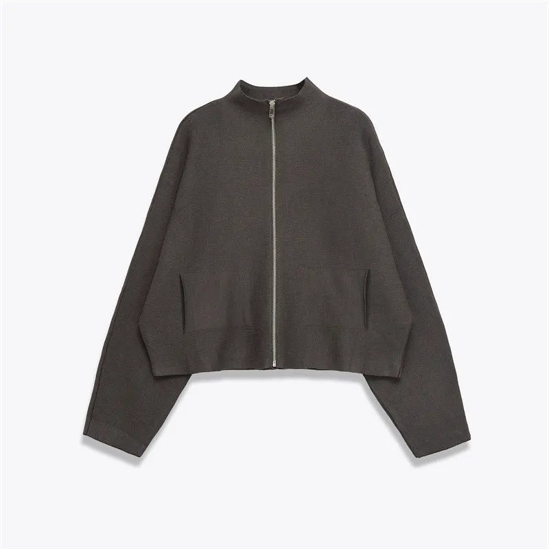 Women's stand collar zipper long sleeve knitted coat in striped pattern with contrast colour, regular fit casual cardigan pullover