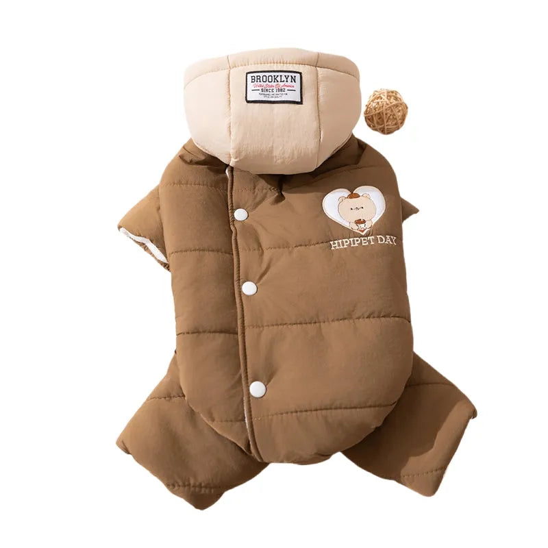 Autumn winter corgi dog clothes with removable cap, thick cotton four-legged jumpsuit in brown with bear embroidery