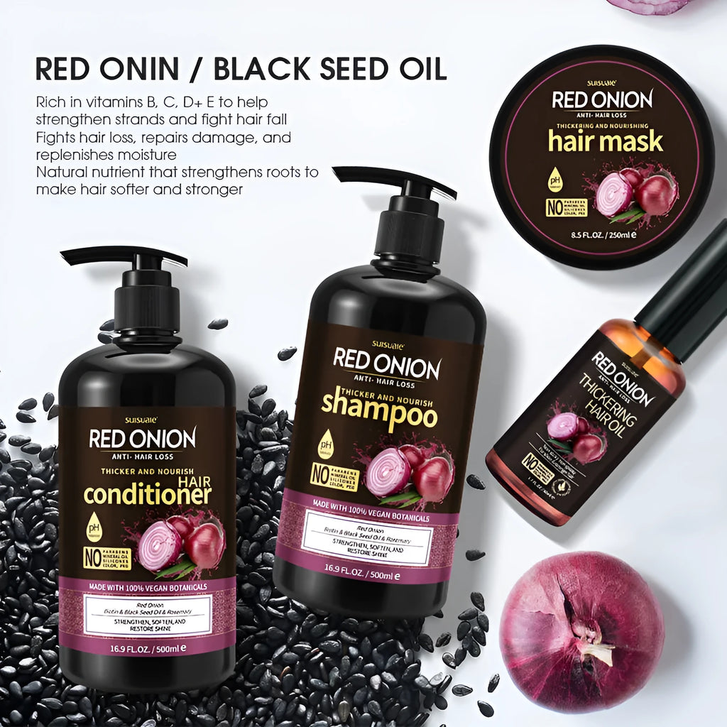 Red onion shampoo and conditioner four-piece set showing 500ml bottles, 250ml hair mask, and 50ml essential oil.