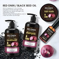 Red onion shampoo and conditioner four-piece set showing 500ml bottles, 250ml hair mask, and 50ml essential oil.