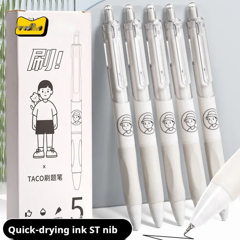 Five white ballpoint pens with 0.5mm black ink tips for student writing and exam use