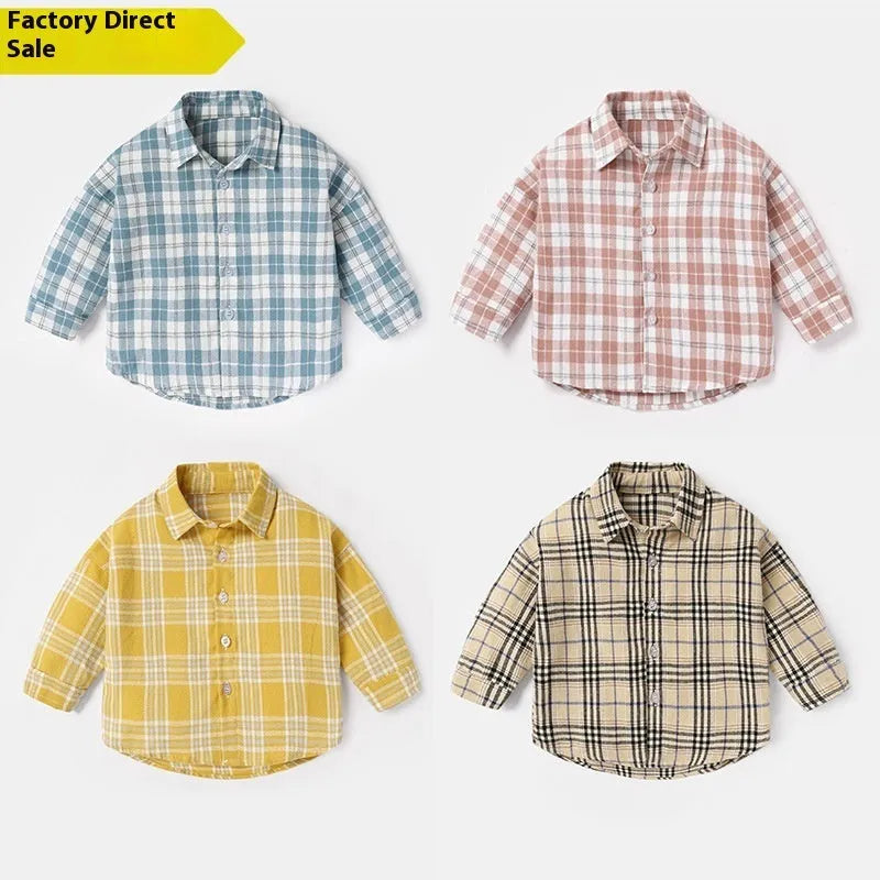 Boys cotton lattice shirt with animal pattern in khaki, blue, pink, or yellow