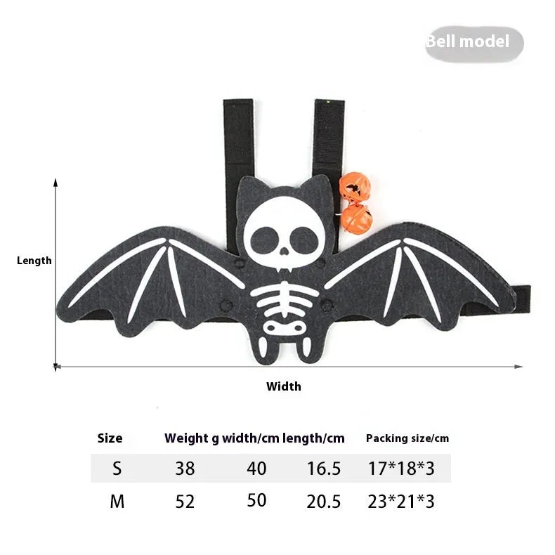 Black felt batwing Halloween costume for a cat, shown in pumpkin bat design