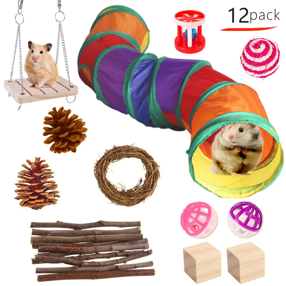 Assortment of natural wooden and woven chew toys for small pets like rabbits and parrots.