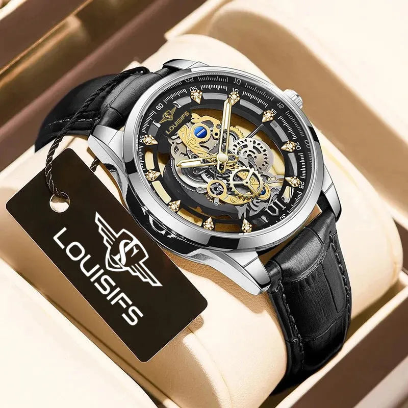 Men's Swiss quartz wristwatch with a business design and leather strap.