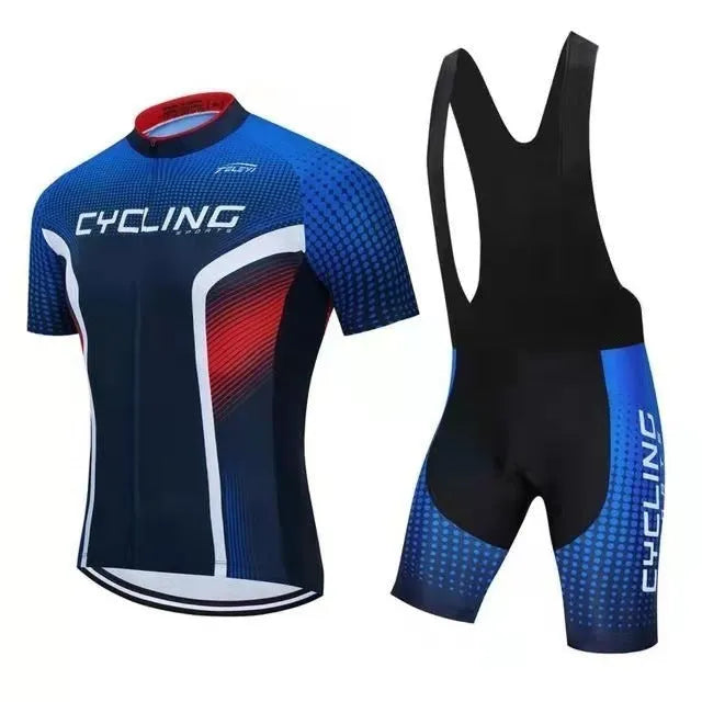 Men's and women's cycling jersey set with top and trousers for mountain and road biking in summer.