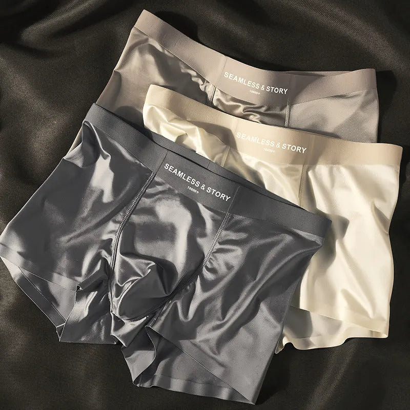 Men's ice silk underwear set in blue colour showing mid waist design and smooth satin fabric