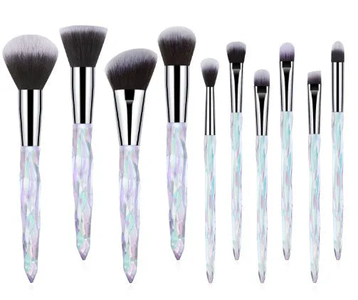 Set of 10 clear crystal diamond foundation brushes with synthetic bristles in a choice of handle colours.