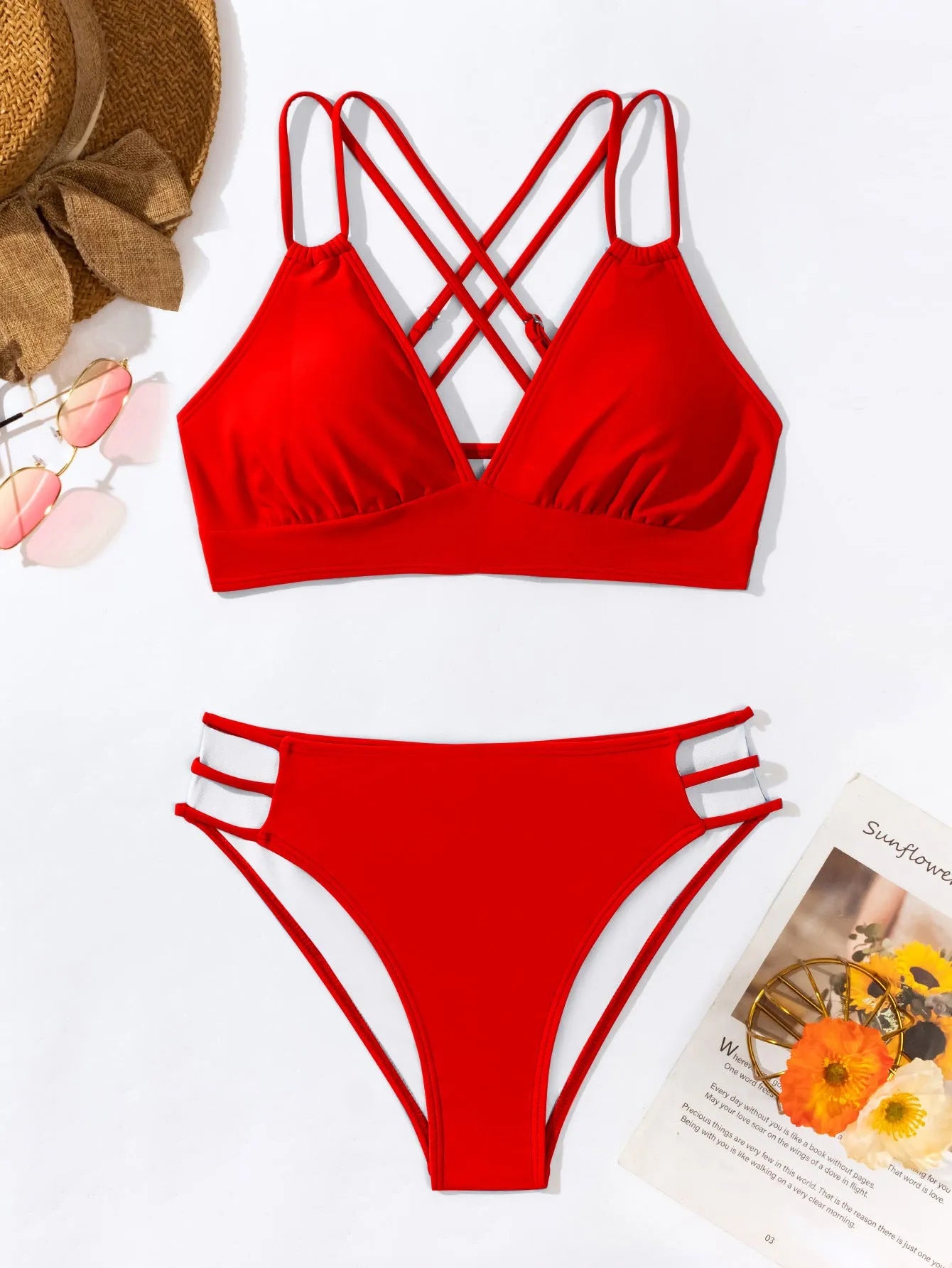Women's black halter neck V-neck bikini swimsuit with split-style bottoms