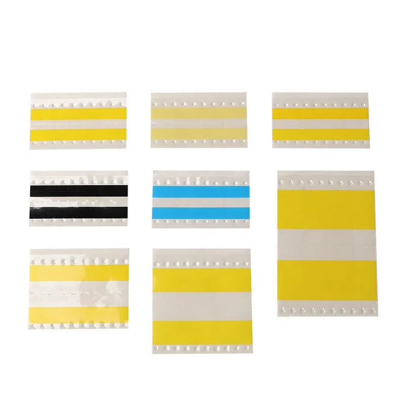 Rolls of yellow, black, blue, and gum coloured SMT double-sided splicing tape in various widths.