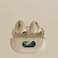 Clip-on bone conduction Bluetooth headset in black, white, or khaki colour with charging cable.