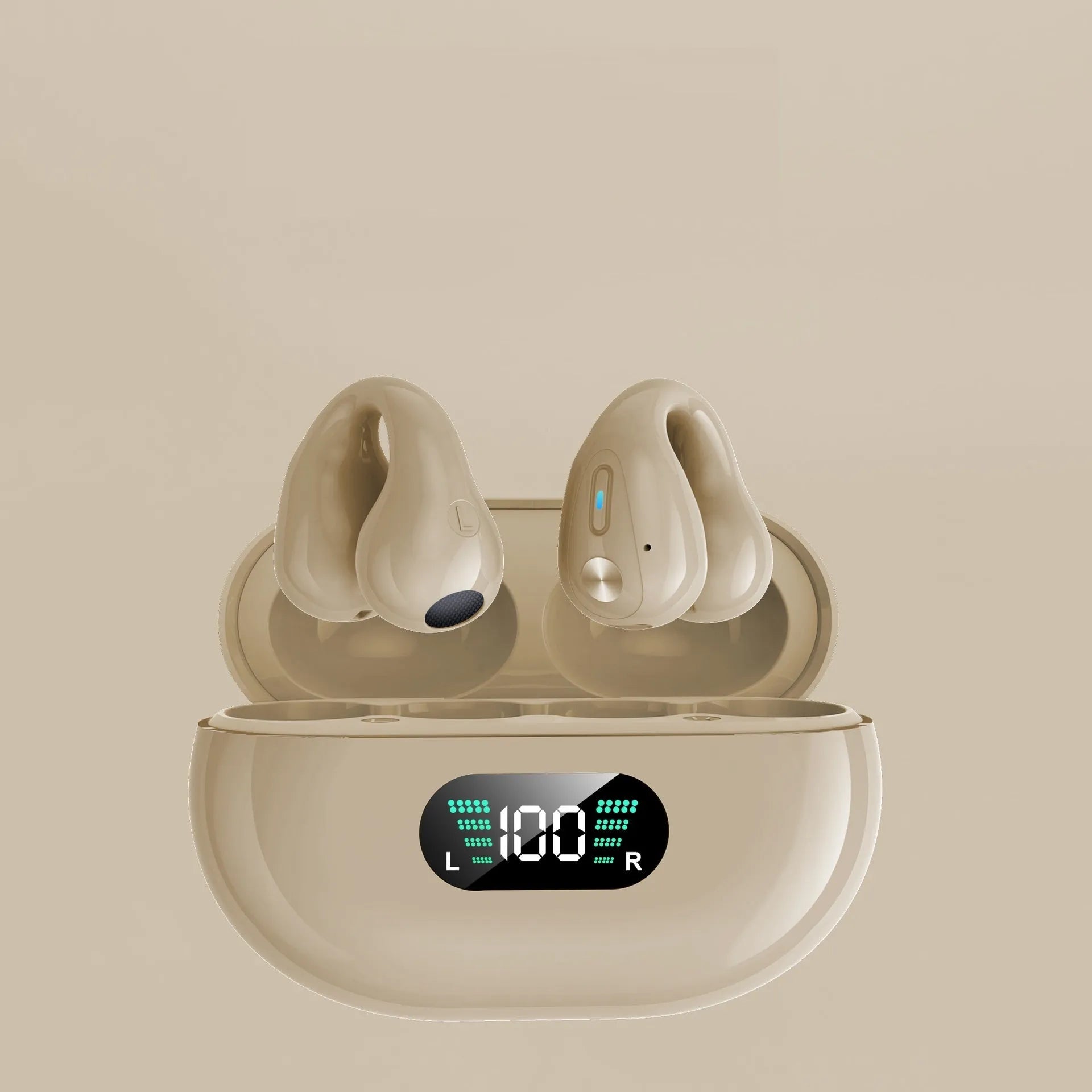 Clip-on bone conduction Bluetooth headset in black, white, or khaki colour with charging cable.