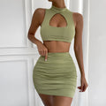Women's two-piece set with cutout vest and split skirt in light purple elastic polyester
