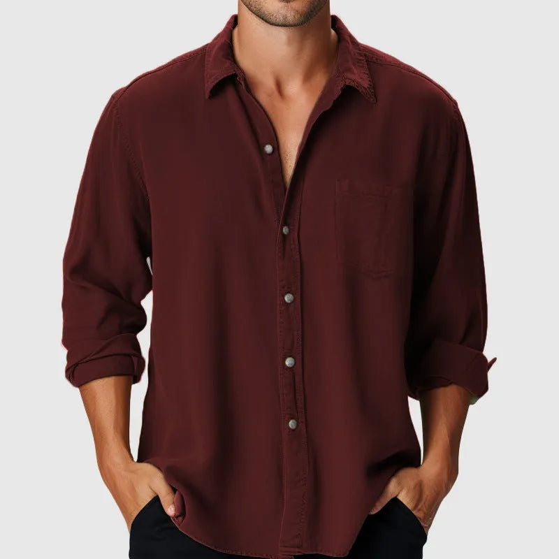 Men's loose fit polyester shirt with stand collar and long sleeves in multiple colours