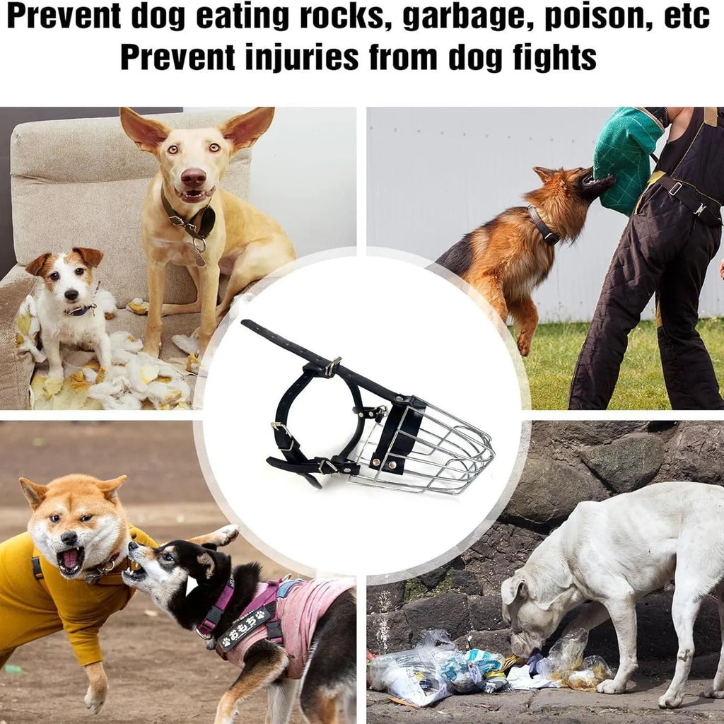 Black metal dog muzzle designed for golden retriever and German shepherd breeds.