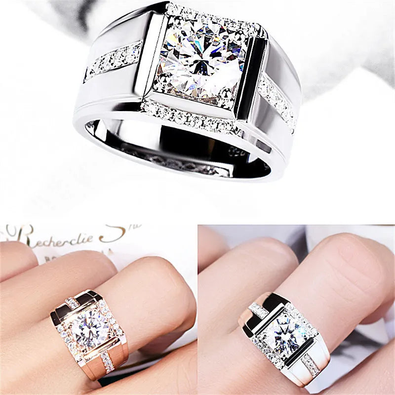 Men's geometric diamond zircon ring with adjustable open mouth design in rose gold finish