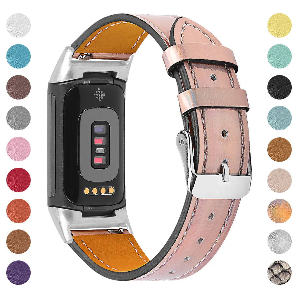Genuine cowhide leather replacement watch strap for Fitbit Charge 5 and Charge 6 smartwatches.