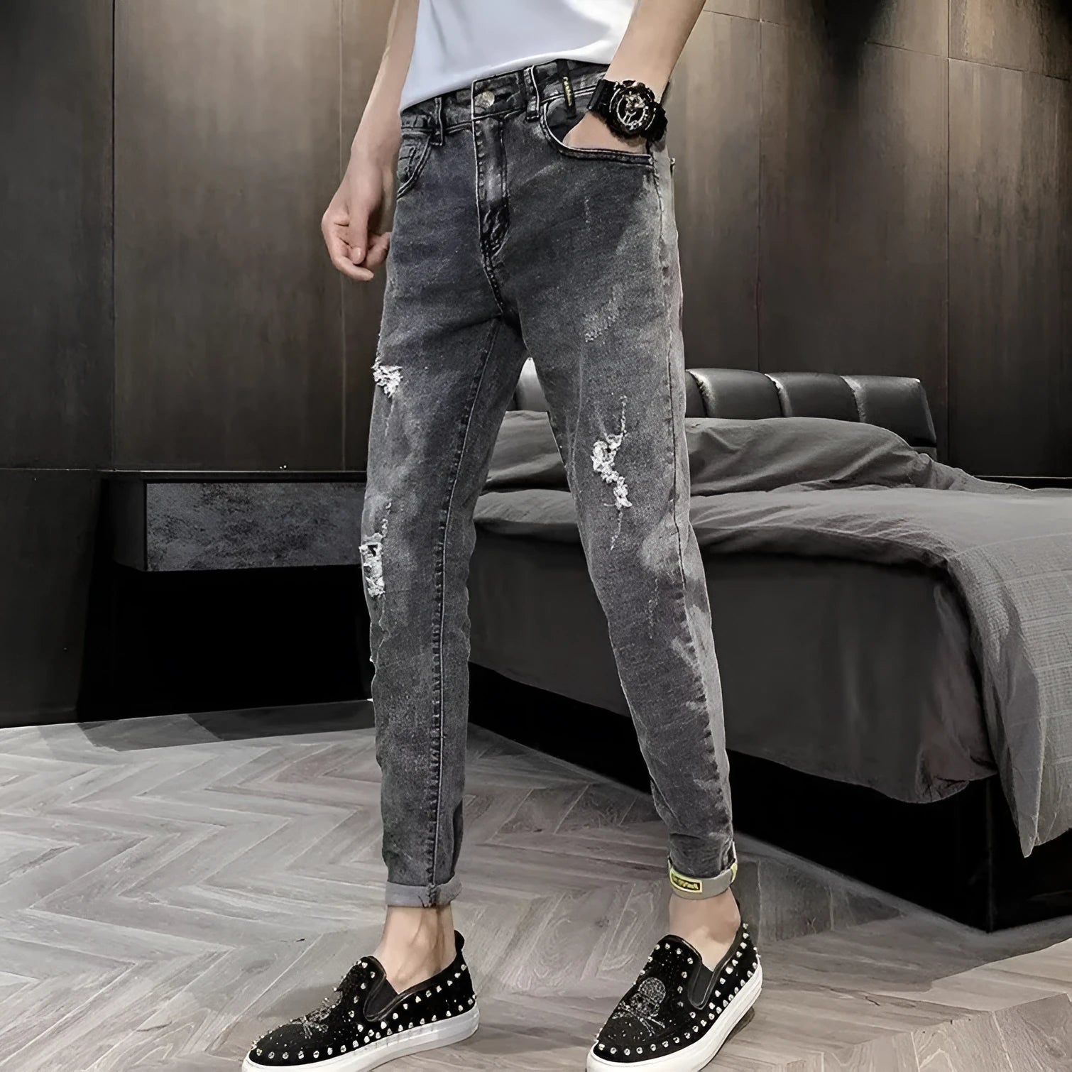 New Youth men's high-waist cotton denim trousers with high elasticity and button front, available in multiple sizes