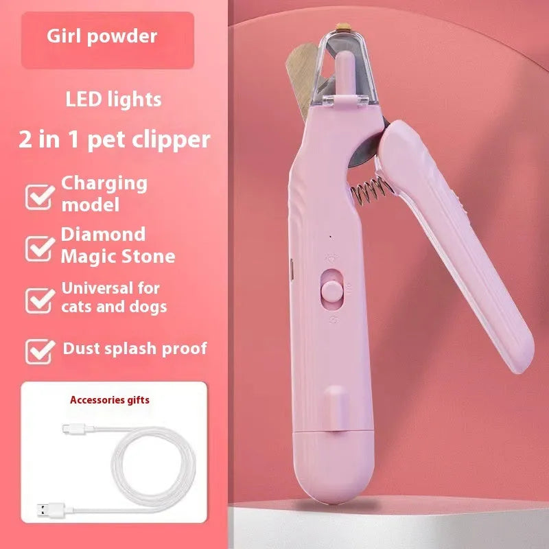 2-in-1 pet nail clipper with LED light and grinder for safe dog and cat nail trimming, white and green