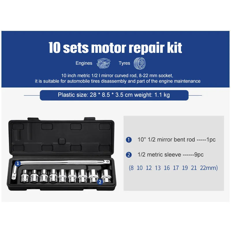 Chromium vanadium steel socket ratchet wrench set with ratchet handle and assorted sockets for repair.