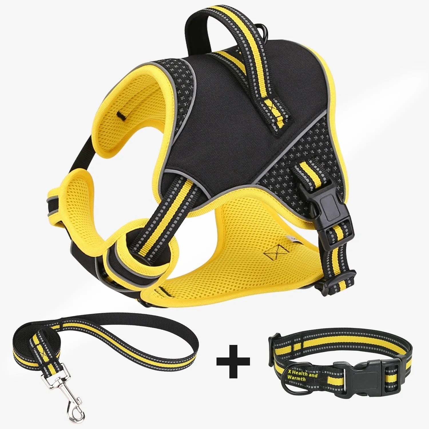 Yellow or orange polyester dog harness with traction strap for outdoor pet training