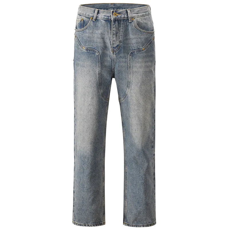 Men's casual western vintage jeans in washed blue, water-washed denim with zipper fly, front view