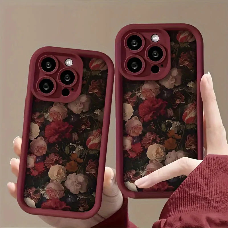 Rose bamboo ladder pattern TPU phone case in wine red for iPhone, showing full-screen edge and frosted back.