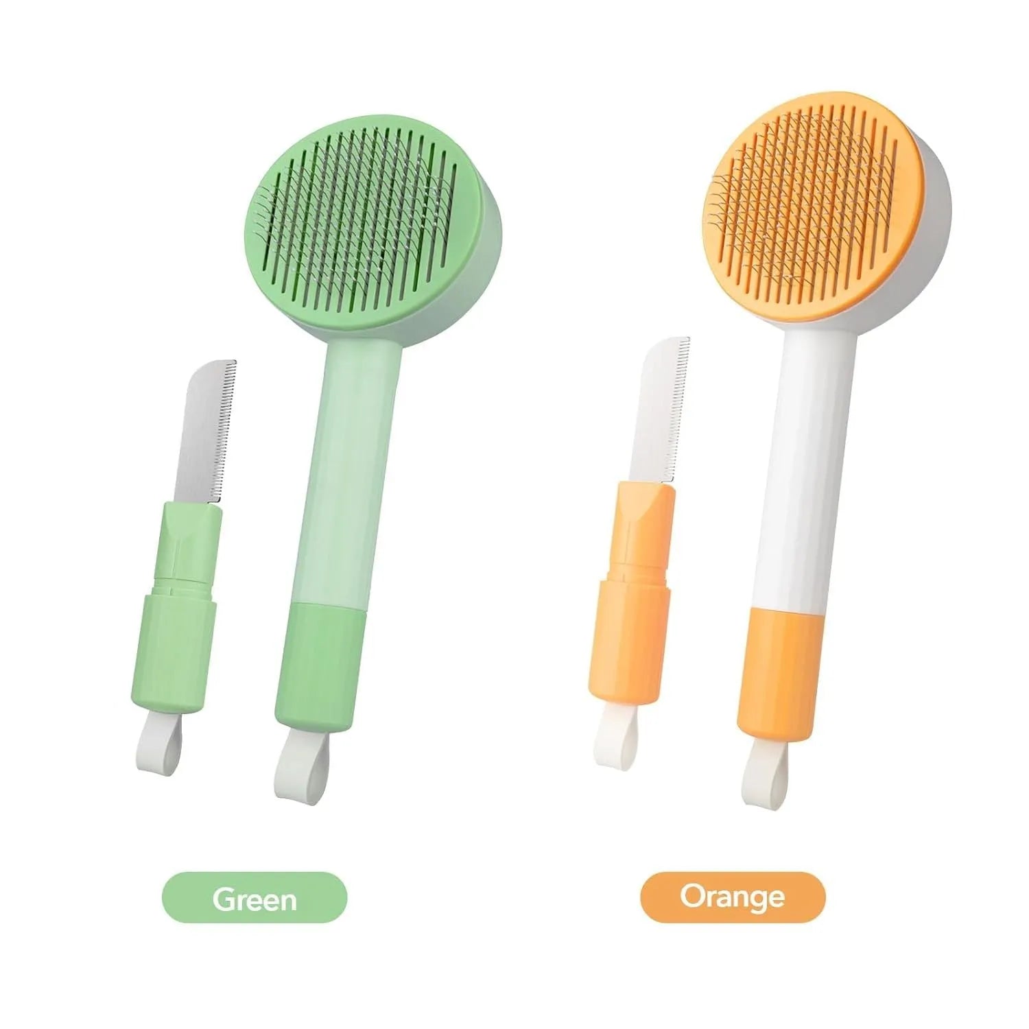 Green pet grooming brush with stainless steel teeth and hair removal function for cats and dogs