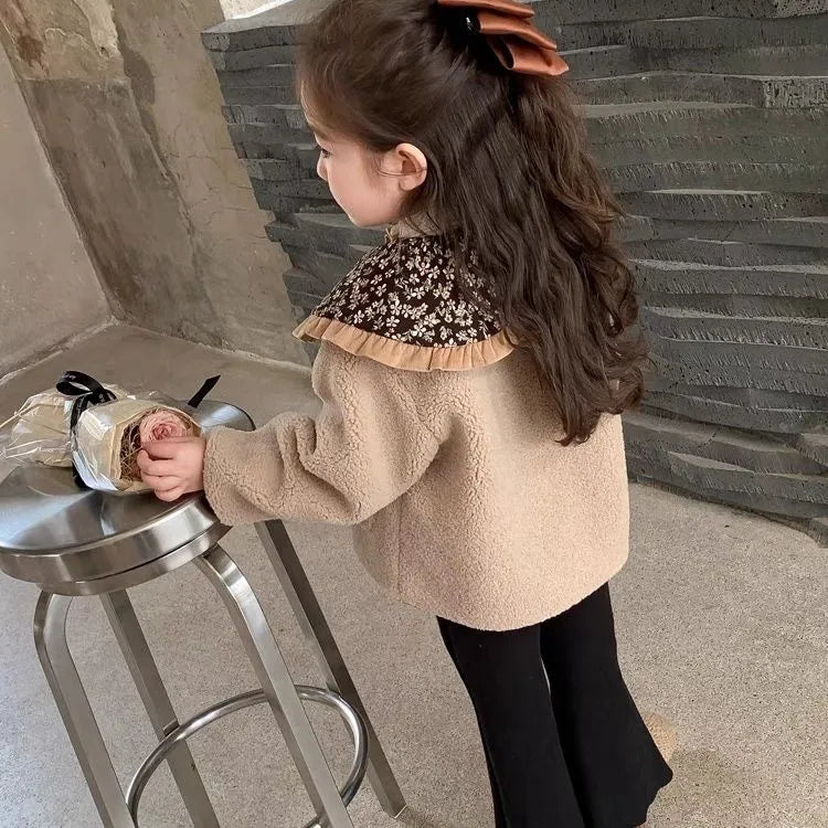 Mori style khaki fleece-lined coat for baby girls, long sleeve casual winter outerwear