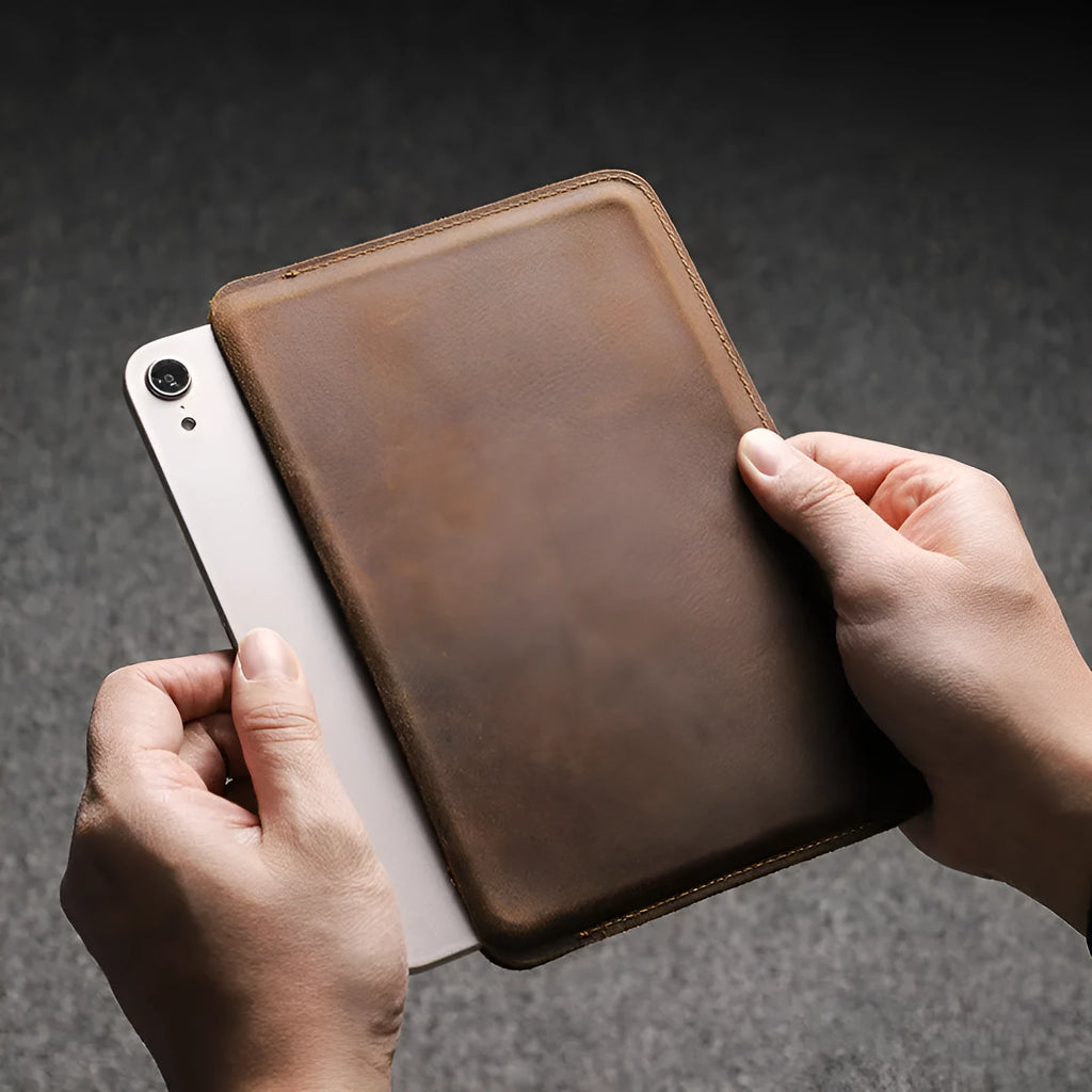 Genuine leather iPad protective case in brown horizontal orientation with handmade stitching
