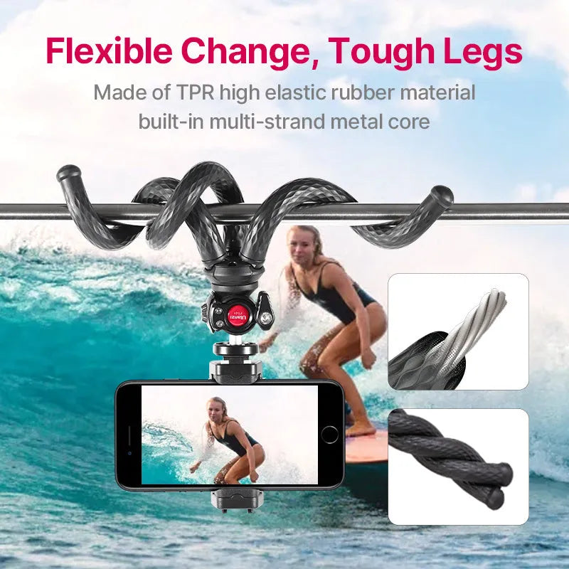 Black flexible octopus tripod with mobile phone clip extended to 360mm.