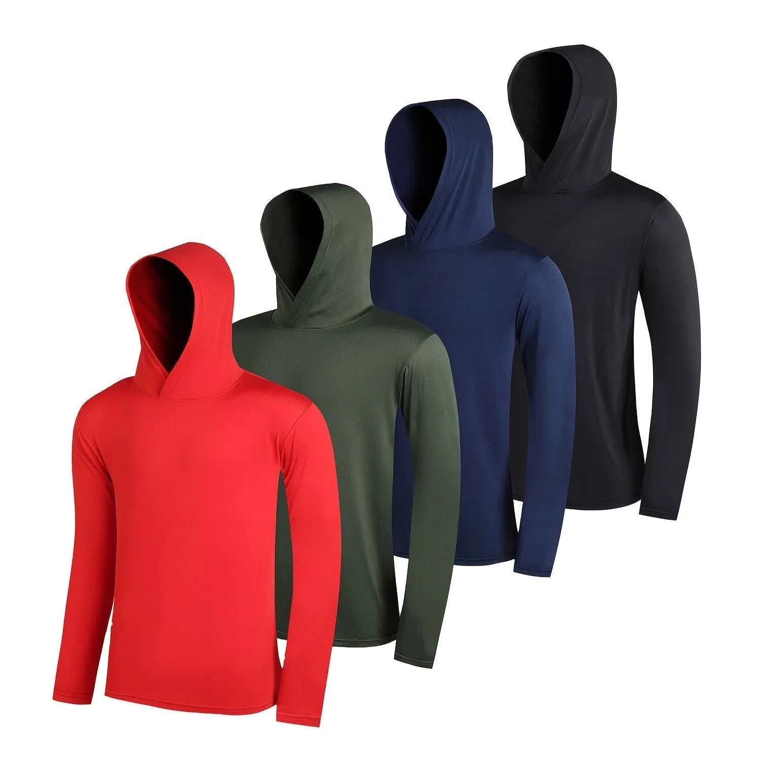 Four men's lightweight polyester hoodies folded together, showcasing elastic fabric and available colour options.