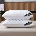 Polyester pillow core in blue, grey, or white, showing size options 48x74cm and 42x70cm with varying fill weights.