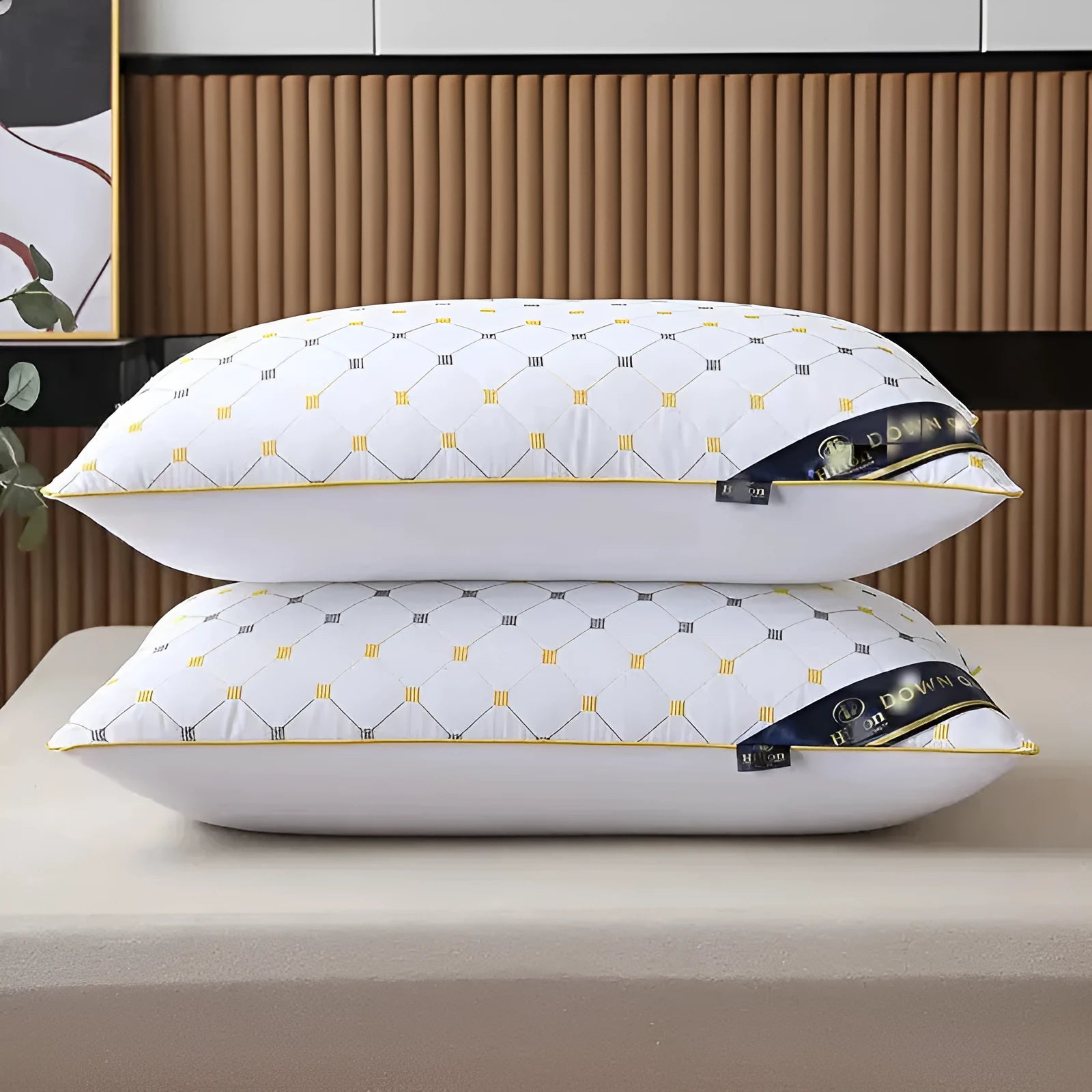 Polyester pillow core in blue, grey, or white, showing size options 48x74cm and 42x70cm with varying fill weights.