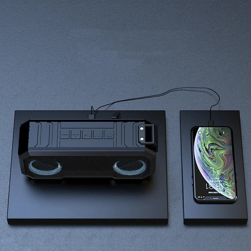 Waterproof colourful luminous outdoor wireless speaker with dual speakers and power bank in black