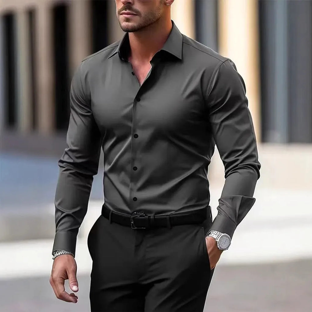 Men's long sleeve velvet button down business shirt in solid colour, summer casual vacation top