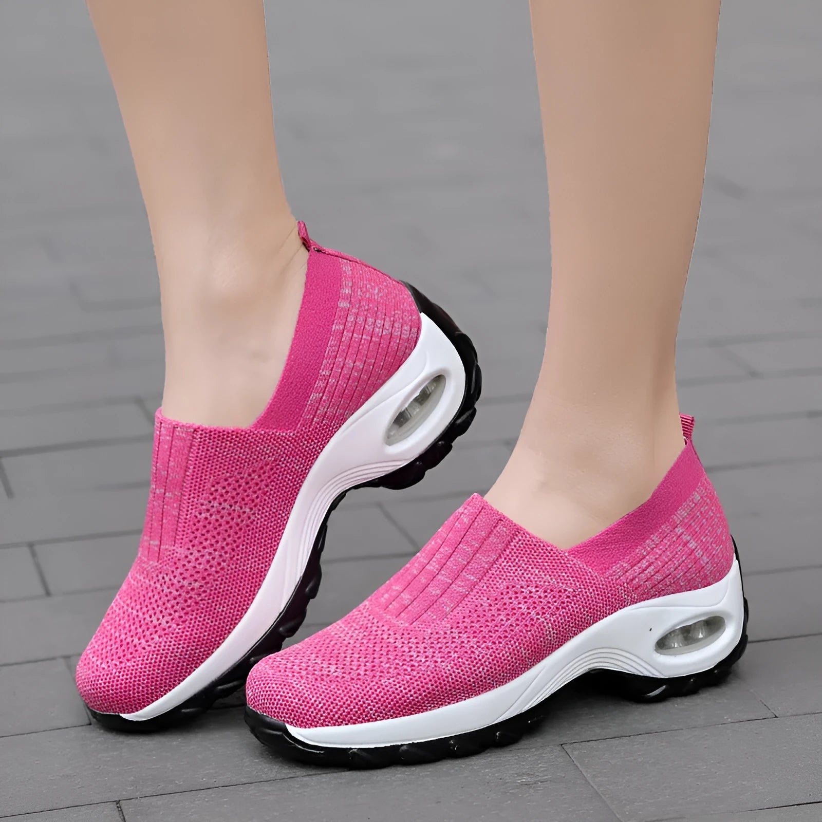Breathable mesh slip-on sports shoes for women with air cushion sole, round toe, thick bottom, available in light gray