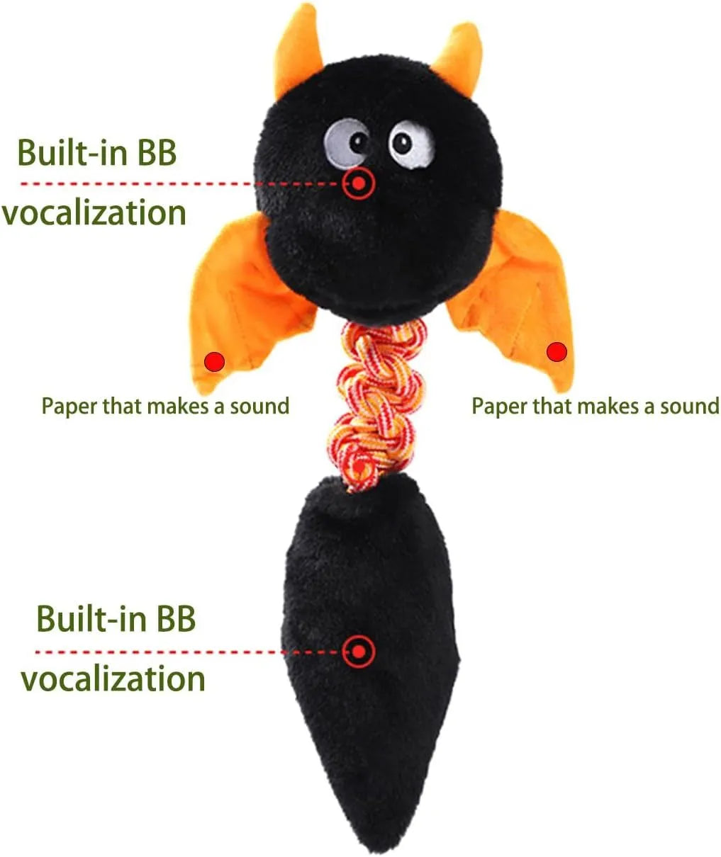 Large plush dog toy with squeaker and rattle in black, green, or red colours, measuring 44cm long
