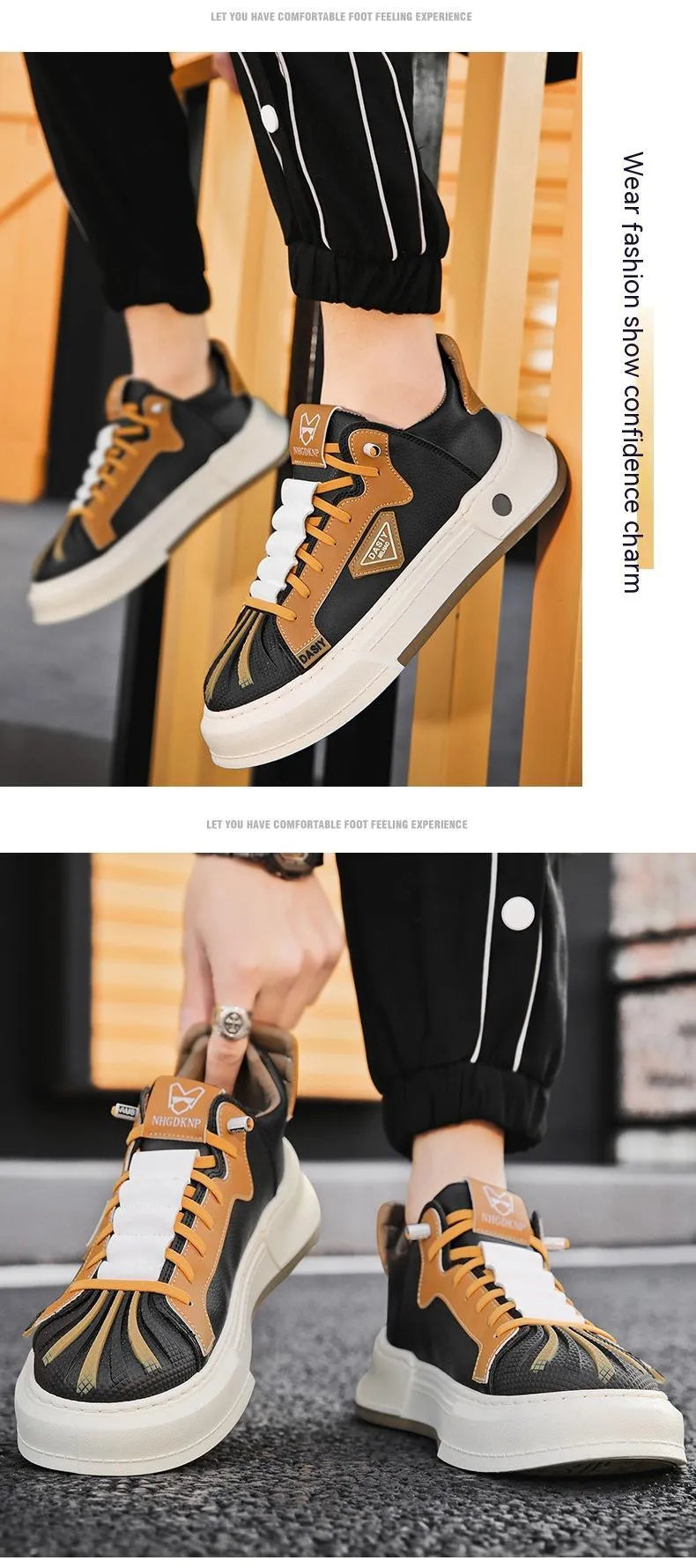 Men's black and beige casual sneakers with elastic band closure and round toe design