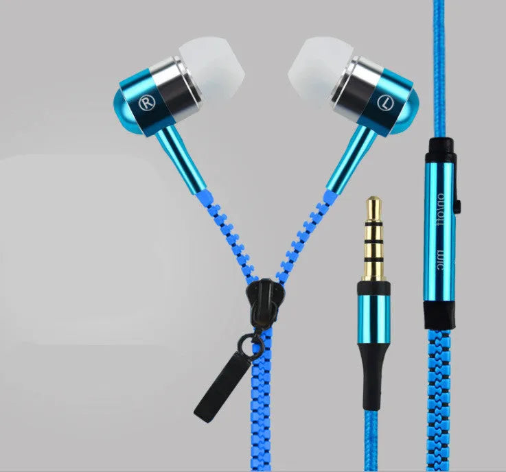 Blue wired earphones with glowing zipper cord, alloy metallic housing, and gold-plated 3.5mm plug