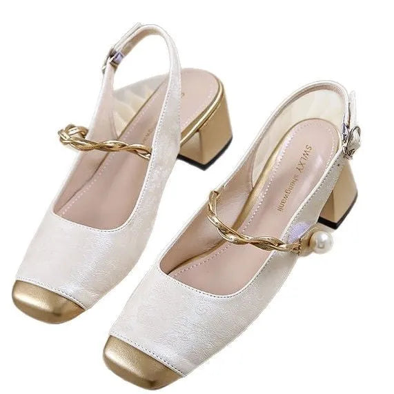 New Chinese style satin closed toe backless mid heel sandals for women in beige white