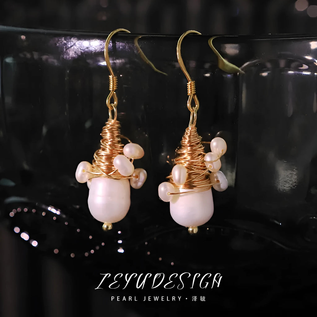 Natural pearl wire-wrapped earrings handmade white round geometric shape for women