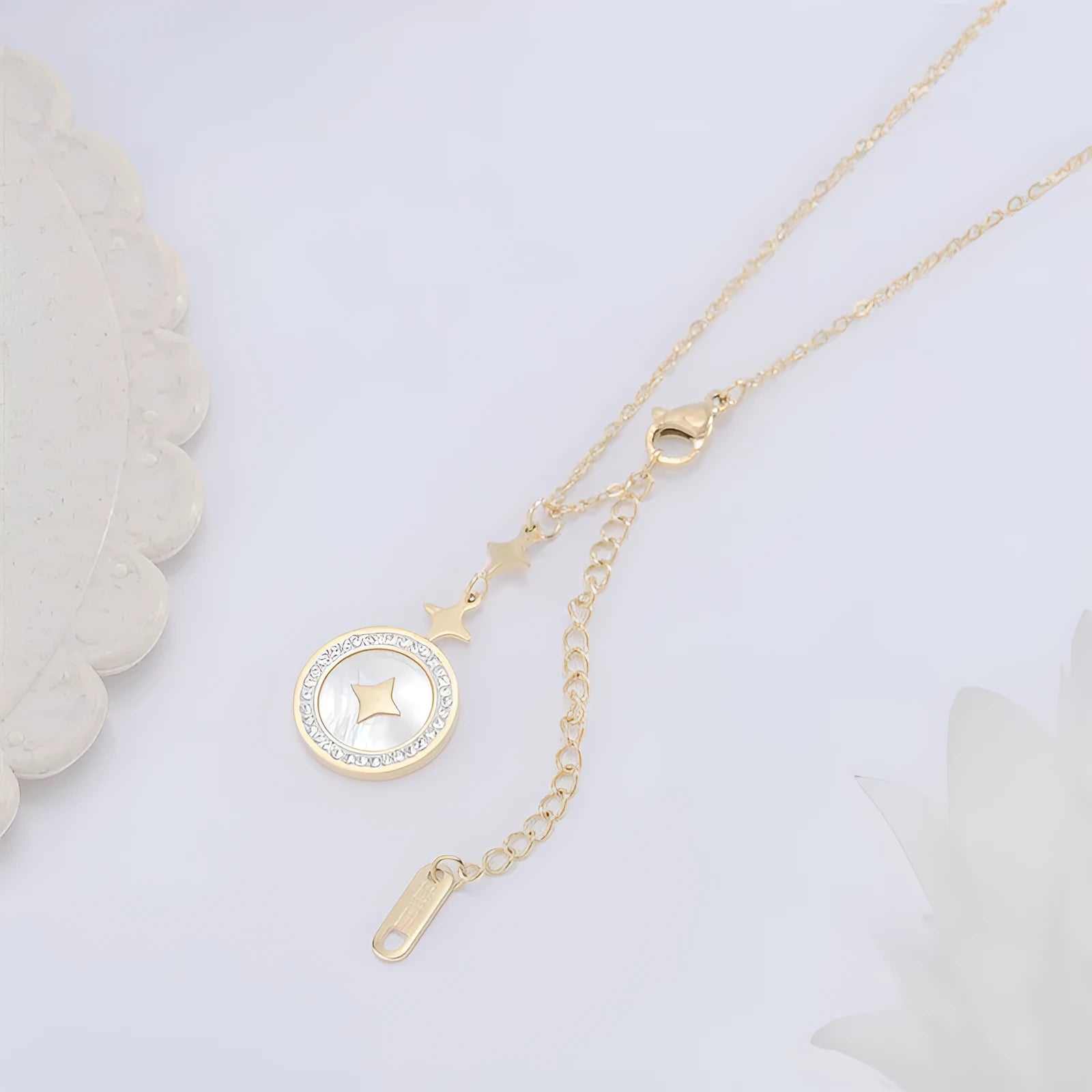 Women's titanium steel necklace with six-pointed star diamond pendant on 42cm O-ring chain