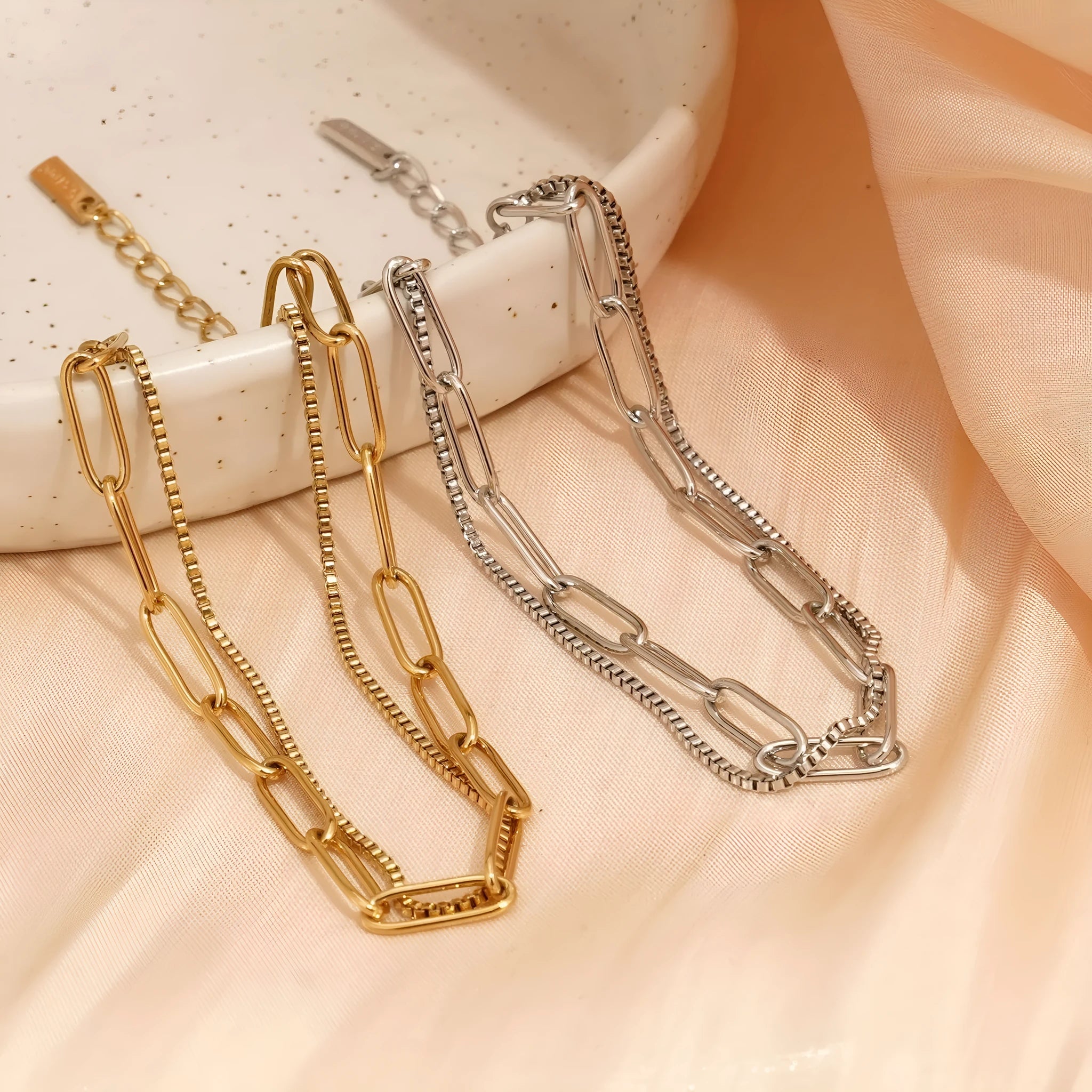Women's double layer geometric bracelet in gold or silver with titanium steel construction
