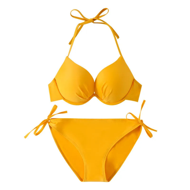 Women's bikini swimsuit set in lake green with polyester nylon briefs and sleeveless no-back top for beach or hot spring