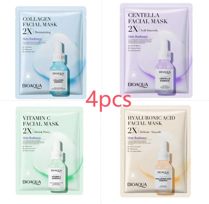 Collagen and Hyaluronic Acid facial sheet mask set with 30g gel formula on white background